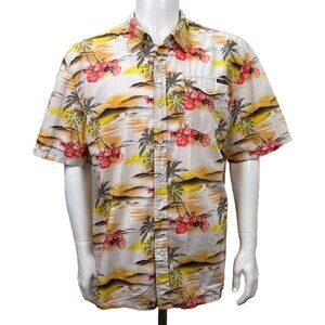 Univibe Vintage Hawaiian Shirt XL Hibiscus Floral Palm Trees Aloha Pool Party